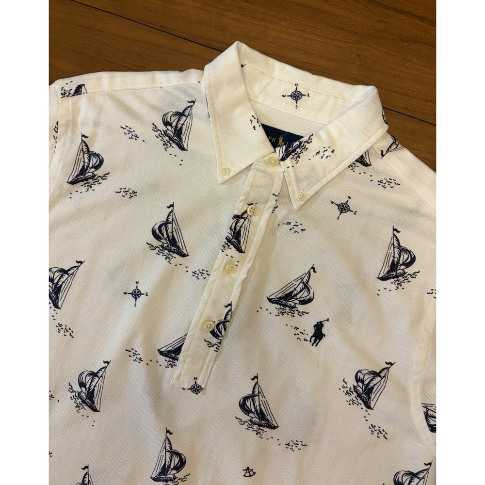 Ralph Lauren Knit Oxford Polo Shirt Men M Sailboat Compass Print Nautical Preppy